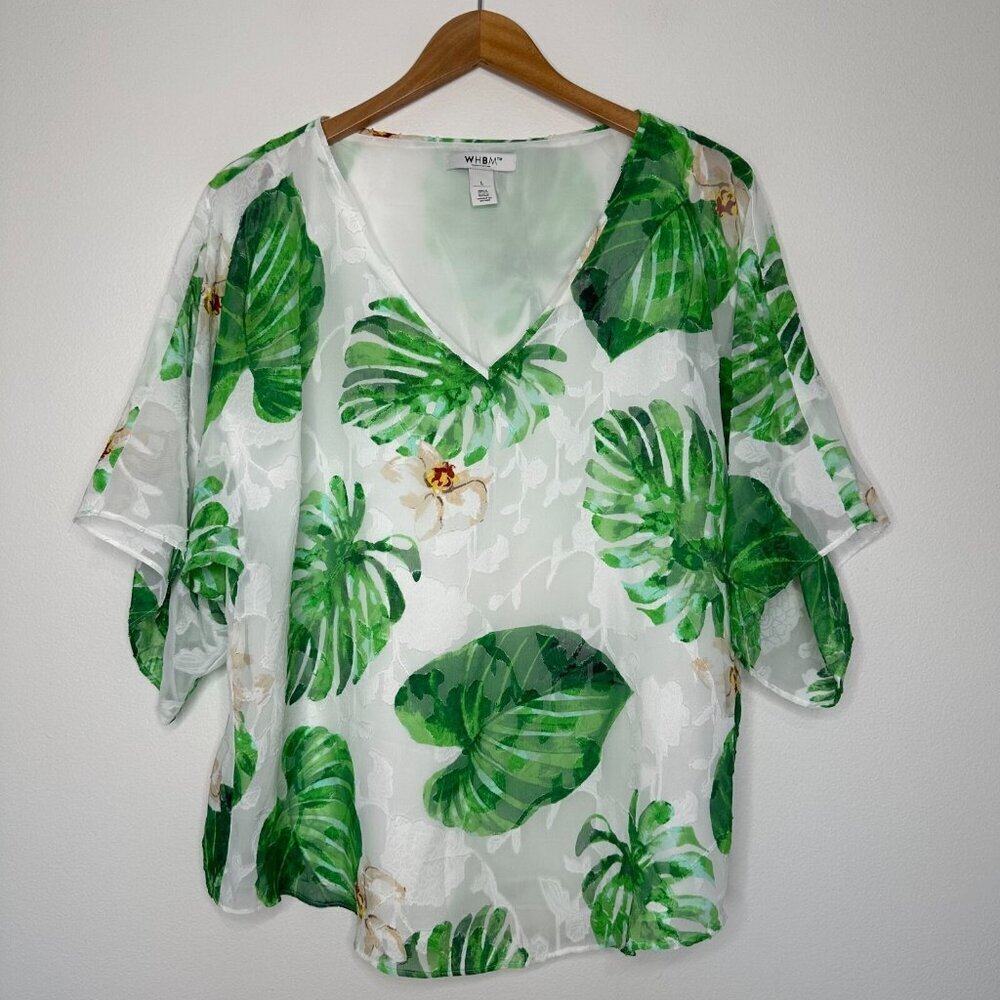 White House Black Market Flowy Blouse Size L White Green Tropical‎